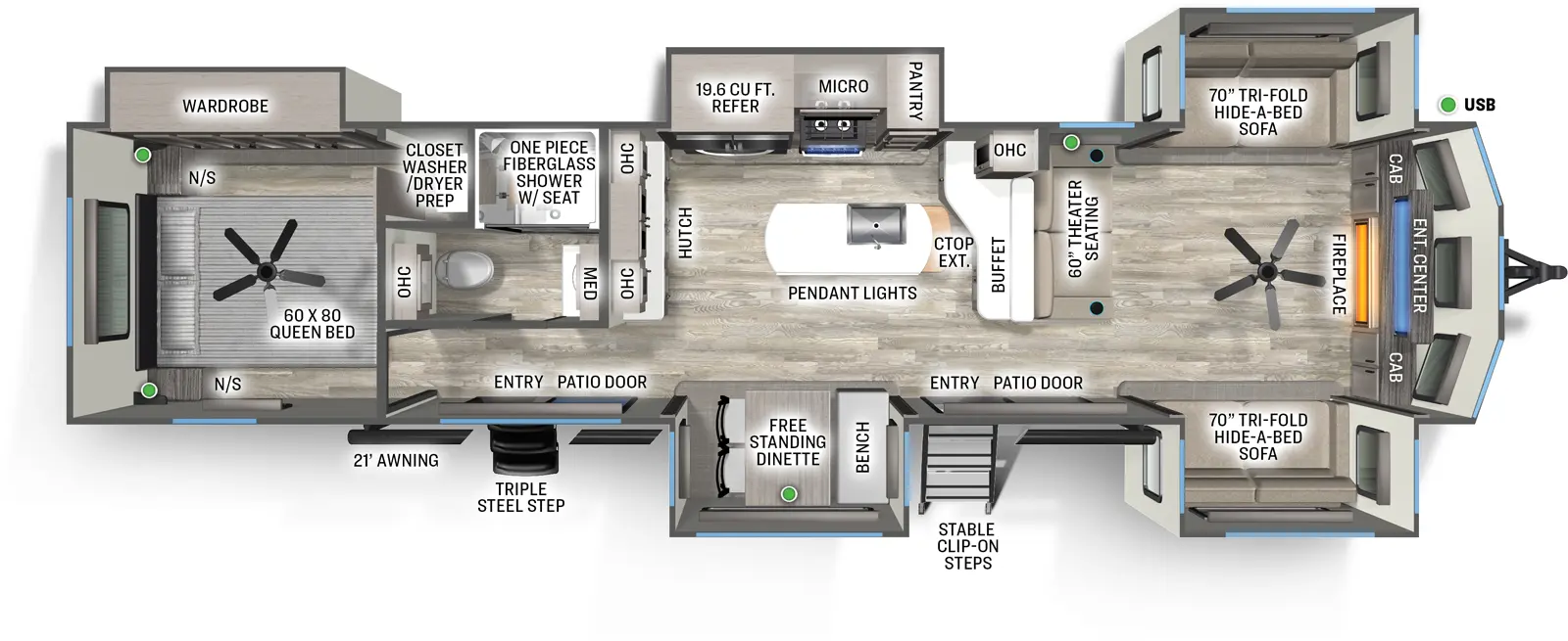 The Sandpiper Destination 420FL floorplan has two entries and five slide outs. Exterior features include: fiberglass exterior and 21' awning. Interiors features include: kitchen island, free-standing dinette option, rear bedroom and front living.